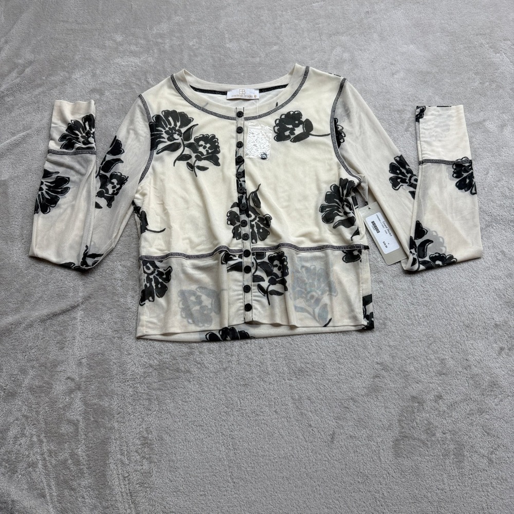 Everleigh Brooks Mesh Cardigan Womens Medium Cream Floral Sheer Button Up Grunge